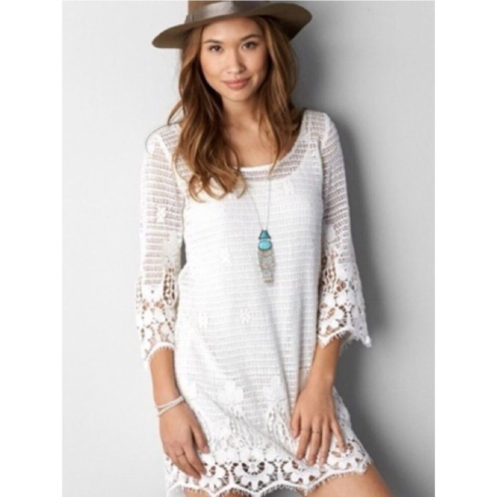 American Eagle White Crochet Lace Eyelet Boho Dress Dress Tunic Cover Up Size S